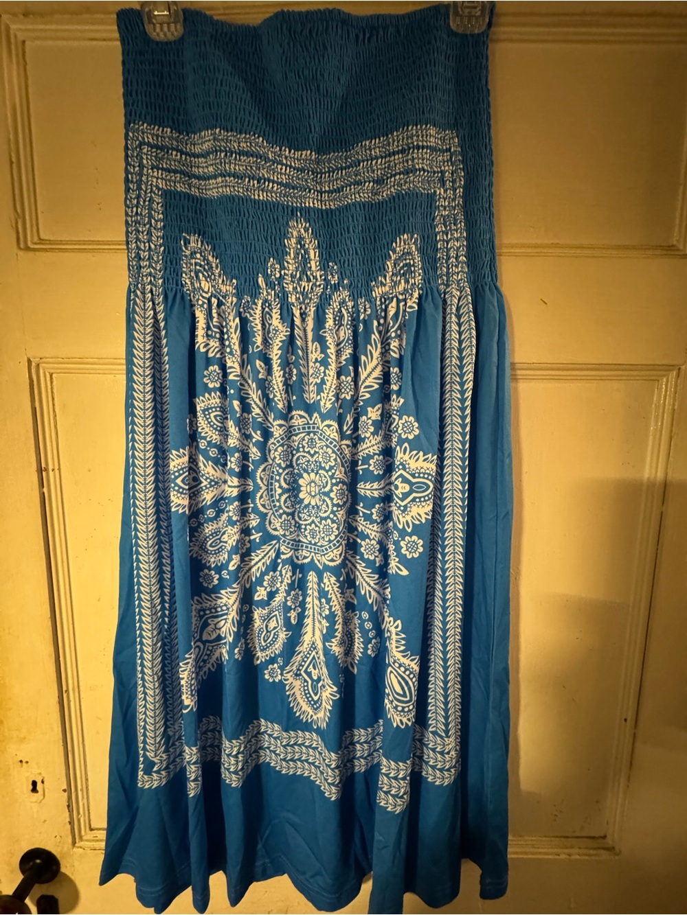 VENUS Blue Strapless Mini Dress with White Medallion Print